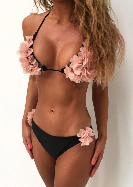 Bikinis Set Low Waist Petal Floral High Leg Bandeau Thong - Vimost Shop