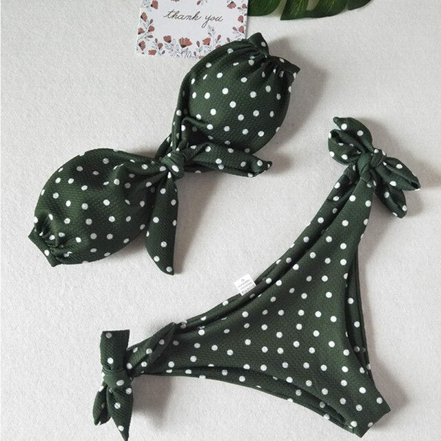 Bikinis Set Vintage Dot Print Tie Bowknot Strapless Swimwear Sexy - Vimost Shop