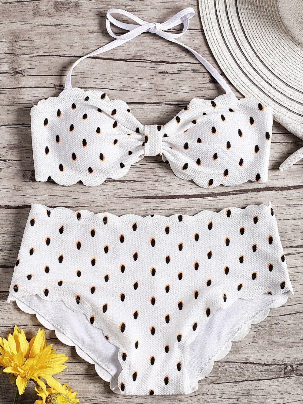Bikinis Set Vintage Wavy Edge Dot Print Halter Strapless Swimwear Sexy Two Piece Women - Vimost Shop