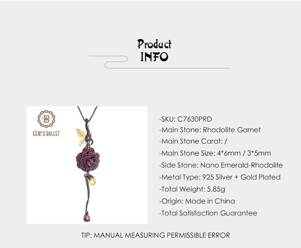 Black & 18k Gold Over 925 Silver Two Tone Handmade Rose Flower Natural Rhodolite Garnet Pendant Necklace For Women - Vimost Shop