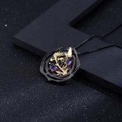 Black and 18k gold over 925 silver two tone handmade butterfly flower Amethyst pendant necklace for Mom Girlfriend - Vimost Shop