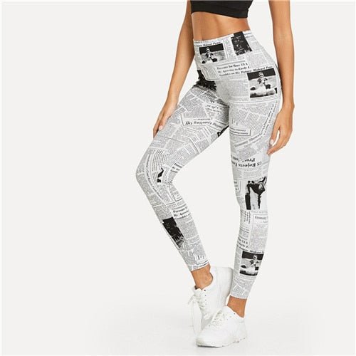 Black And White Highstreet Newspaper Letter Print Streetwear Leggings Summer Women Sexy Casual Trousers - Vimost Shop