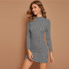Black and White Mock Neck Houndstooth Print Bodycon Dress Women Spring Autumn Long Sleeve Elegant Pencil Fitted Dresses - Vimost Shop
