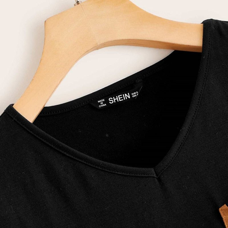 Black And White Pocket Patched Striped Tee Dress Women Spring Long Sleeve Ladies Basic Straight Short Casual Dresses - Vimost Shop