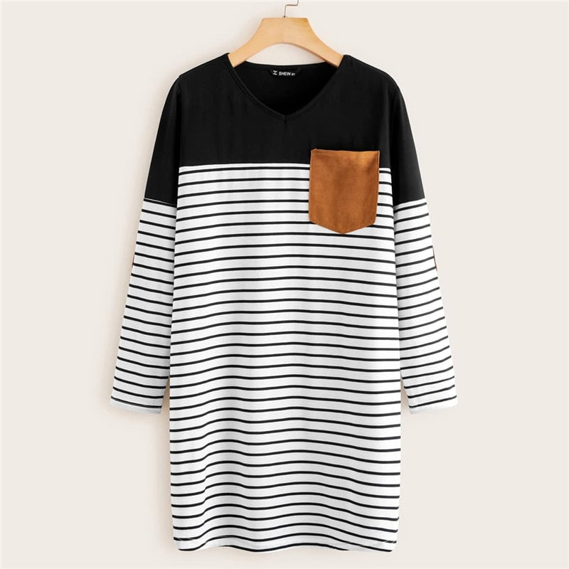 Black And White Pocket Patched Striped Tee Dress Women Spring Long Sleeve Ladies Basic Straight Short Casual Dresses - Vimost Shop
