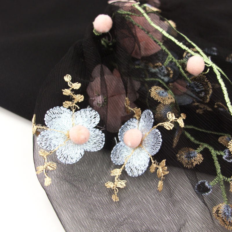 Black Applique Embroidered Mesh Sleeve Pencil Dress Women Autumn Elegant Casual Boat Neck Bishop Sleeve Pencil Dresses - Vimost Shop