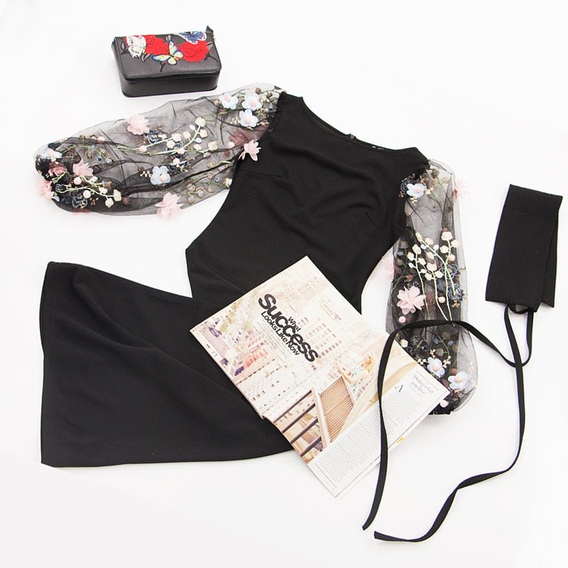 Black Applique Embroidered Mesh Sleeve Pencil Dress Women Autumn Elegant Casual Boat Neck Bishop Sleeve Pencil Dresses - Vimost Shop