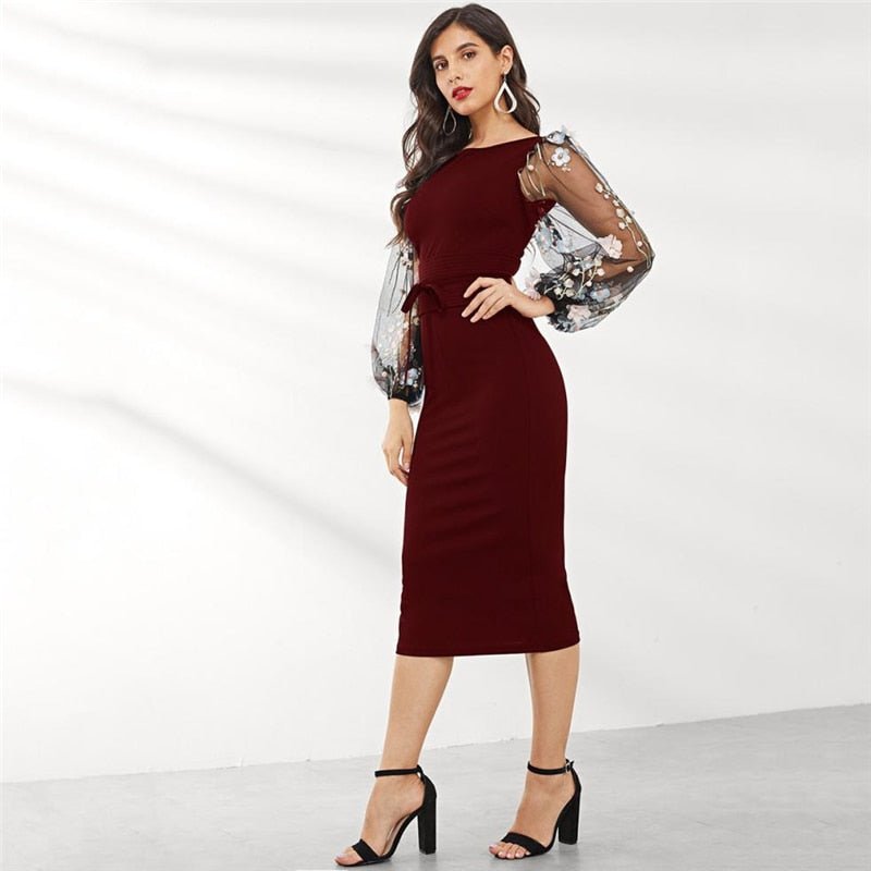 Black Applique Embroidered Mesh Sleeve Pencil Dress Women Autumn Elegant Casual Boat Neck Bishop Sleeve Pencil Dresses - Vimost Shop