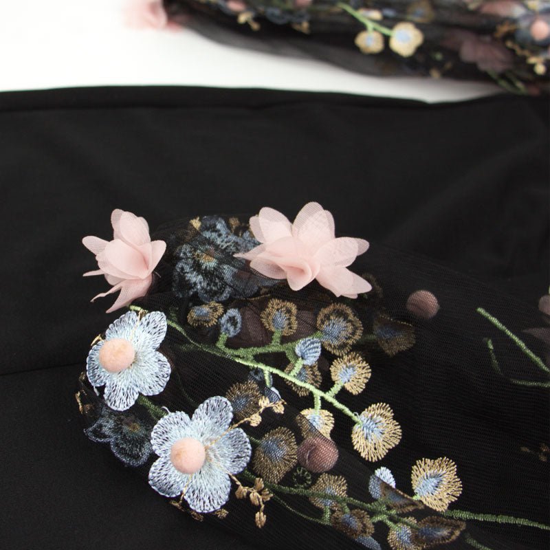 Black Applique Embroidered Mesh Sleeve Pencil Dress Women Autumn Elegant Casual Boat Neck Bishop Sleeve Pencil Dresses - Vimost Shop