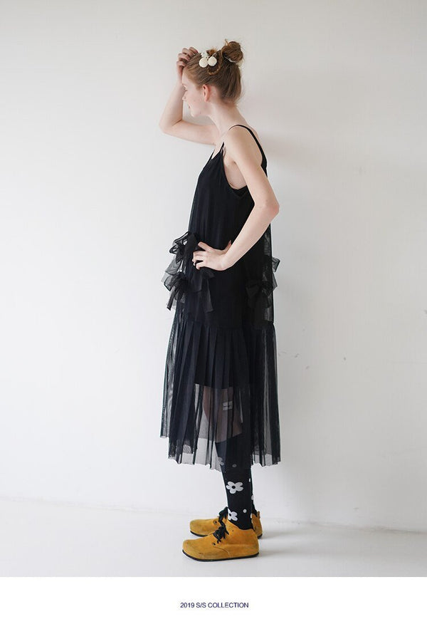 Black bow super fairy suspenders mesh pleated fairy air niche dress summer - Vimost Shop