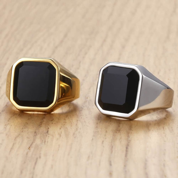 Black Carnelian CZ Gold Tone Ring for Men Boys 316L Stainless Steel Signet Rings Square Shape Royal Male Jewelry - Vimost Shop