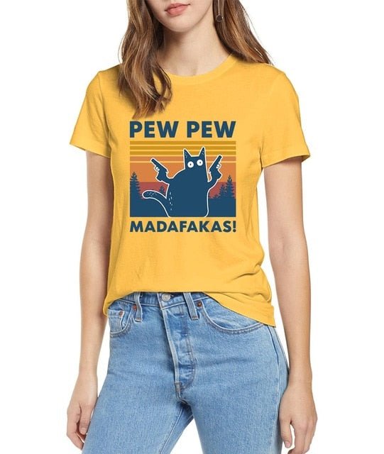 Black Cat Pew Pew Madafakas Funny Cat Gangster With Gun Meme Retro Women's 100% cotton short sleeves T-Shirt Humor Gift Tops tee - Vimost Shop