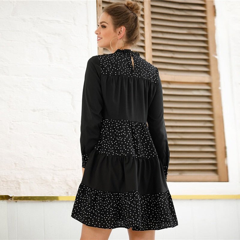 Black Contrast Polka Dot Frill Mock Neck Babydoll Dress Women Spring Long Sleeve Casual Flared Smocked Short Dresses - Vimost Shop
