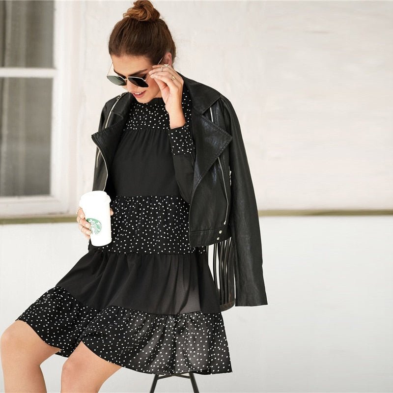 Black Contrast Polka Dot Frill Mock Neck Babydoll Dress Women Spring Long Sleeve Casual Flared Smocked Short Dresses - Vimost Shop