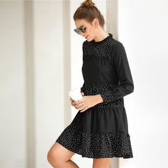 Black Contrast Polka Dot Frill Mock Neck Babydoll Dress Women Spring Long Sleeve Casual Flared Smocked Short Dresses - Vimost Shop