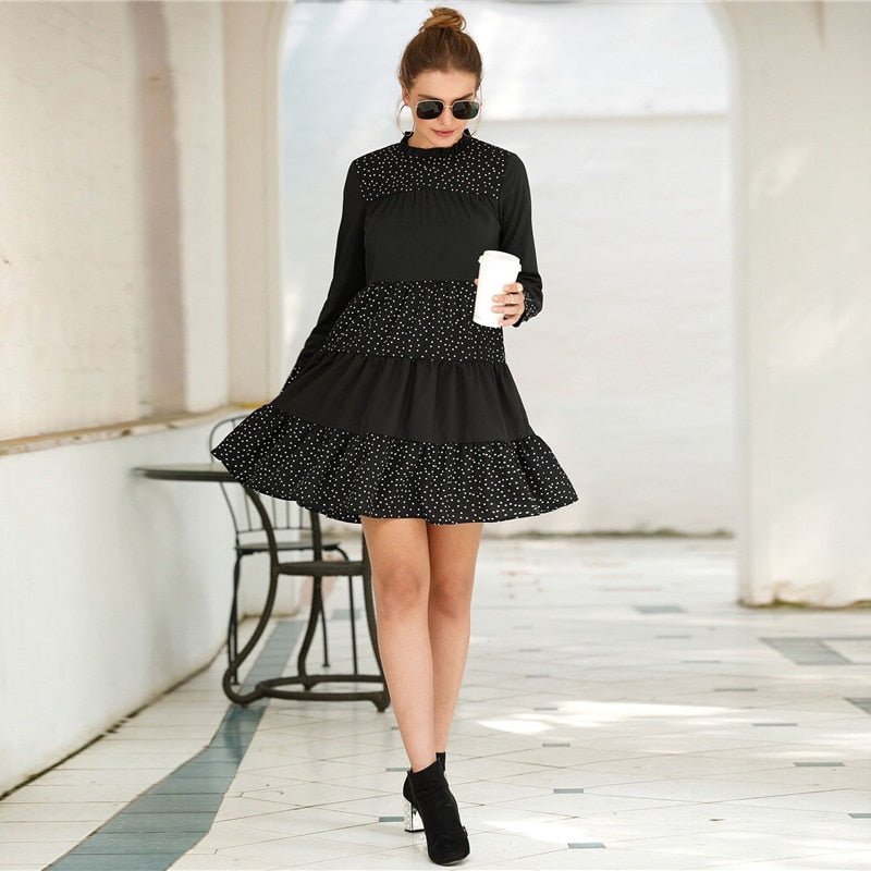 Black Contrast Polka Dot Frill Mock Neck Babydoll Dress Women Spring Long Sleeve Casual Flared Smocked Short Dresses - Vimost Shop