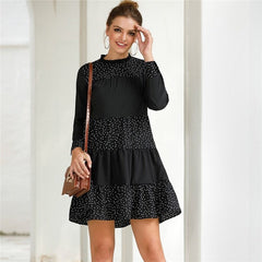 Black Contrast Polka Dot Frill Mock Neck Babydoll Dress Women Spring Long Sleeve Casual Flared Smocked Short Dresses - Vimost Shop