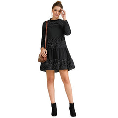 Black Contrast Polka Dot Frill Mock Neck Babydoll Dress Women Spring Long Sleeve Casual Flared Smocked Short Dresses - Vimost Shop