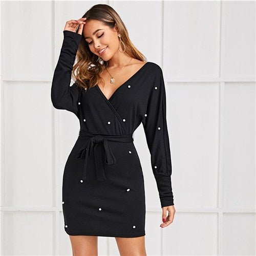 Black Deep V neck Pearls Beading Belted Elegant Dress Women 2019 Autumn High Waist Batwing Sleeve Wrap Bodycon Dresses - Vimost Shop
