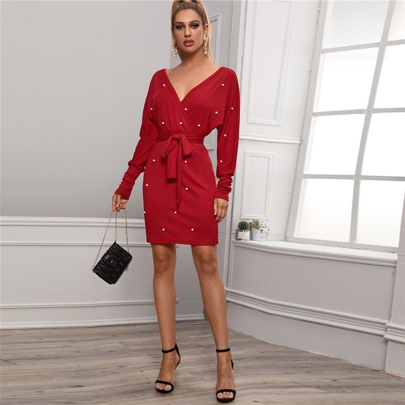 Black Deep V neck Pearls Beading Belted Elegant Dress Women 2019 Autumn High Waist Batwing Sleeve Wrap Bodycon Dresses - Vimost Shop