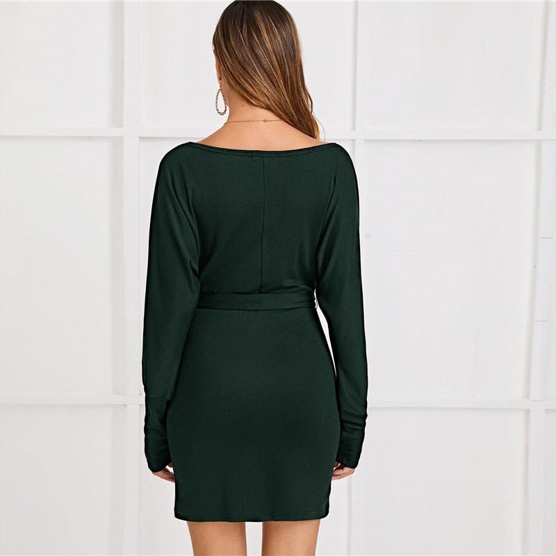 Black Deep V neck Pearls Beading Belted Elegant Dress Women 2019 Autumn High Waist Batwing Sleeve Wrap Bodycon Dresses - Vimost Shop