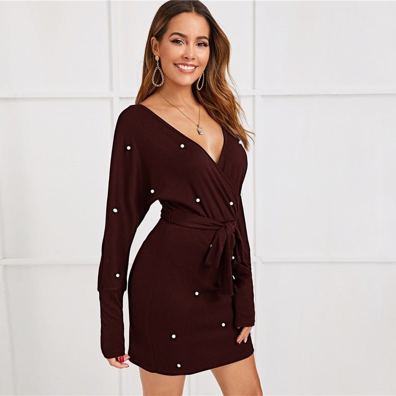 Black Deep V neck Pearls Beading Belted Elegant Dress Women 2019 Autumn High Waist Batwing Sleeve Wrap Bodycon Dresses - Vimost Shop