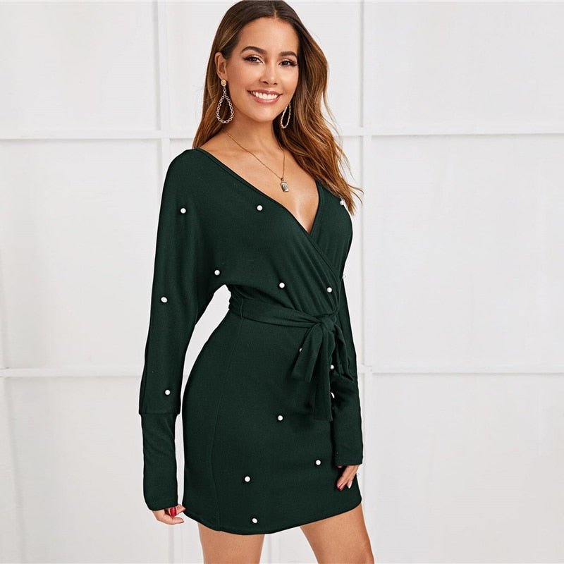 Black Deep V neck Pearls Beading Belted Elegant Dress Women 2019 Autumn High Waist Batwing Sleeve Wrap Bodycon Dresses - Vimost Shop