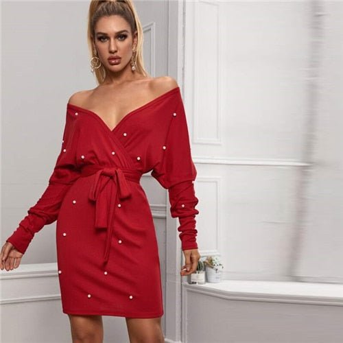 Black Deep V neck Pearls Beading Belted Elegant Dress Women 2019 Autumn High Waist Batwing Sleeve Wrap Bodycon Dresses - Vimost Shop