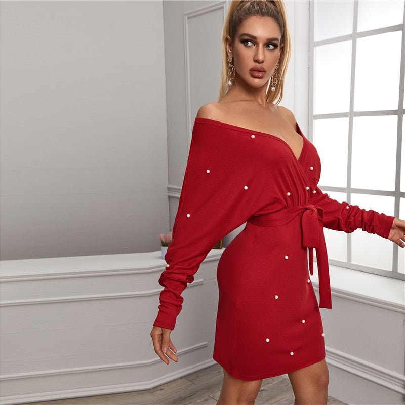 Black Deep V neck Pearls Beading Belted Elegant Dress Women 2019 Autumn High Waist Batwing Sleeve Wrap Bodycon Dresses - Vimost Shop