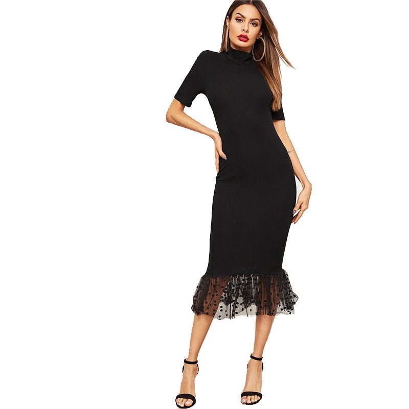 Black Elegant Form Fitting Dot Mesh Hem Midi Dress Women Summer Stretchy Bodycon Stand Collar Mermaid Party Dresses - Vimost Shop