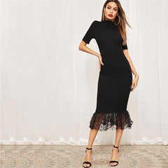 Black Elegant Form Fitting Dot Mesh Hem Midi Dress Women Summer Stretchy Bodycon Stand Collar Mermaid Party Dresses - Vimost Shop