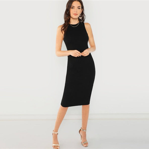 Black Elegant Solid Pencil Dress Slim Sleeveless Knee Length Sexy Workwear Dresses Women Plain Sheath Summer Dress - Vimost Shop