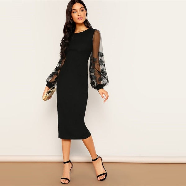 Black Embroidery Mesh Insert Stretchy Bishop Sleeve Fitted Knee Length Bodycon Dress Women Spring Sheath Dresses - Vimost Shop