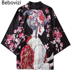 Black Fashion Streetwear Beauty Print Kimono Cardigan Robe China Haori Obi Traditional Japanese Clothes for Women Men - Vimost Shop