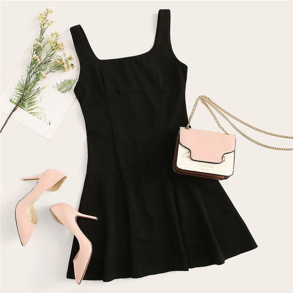 Black Fit And Flare Solid Dress Elegant Straps Sleeveless Plain A Line Dresses - Vimost Shop