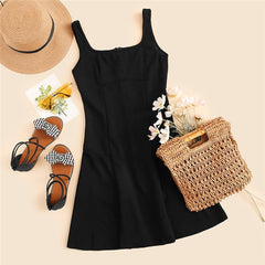 Black Fit And Flare Solid Dress Elegant Straps Sleeveless Plain A Line Dresses - Vimost Shop