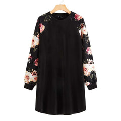 Black Floral Raglan Sleeve T-shirt Dress Women Spring Autumn Long Sleeve Round Neck Casual Loose Straight Short Dresses - Vimost Shop