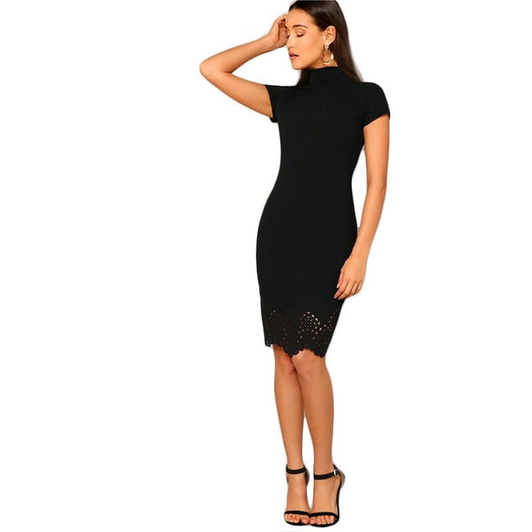Black Laser Cut Scallop High Neck Summer Pencil Dress Women Office Lady Short Sleeve Solid Bodycon Sexy Classy Dresses - Vimost Shop