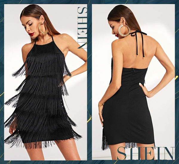 Black Layered Fringe Detail Halter Dress Going Out Sleeveless Solid Short Dress Autumn Modern Lady Women Party Dresses - Vimost Shop