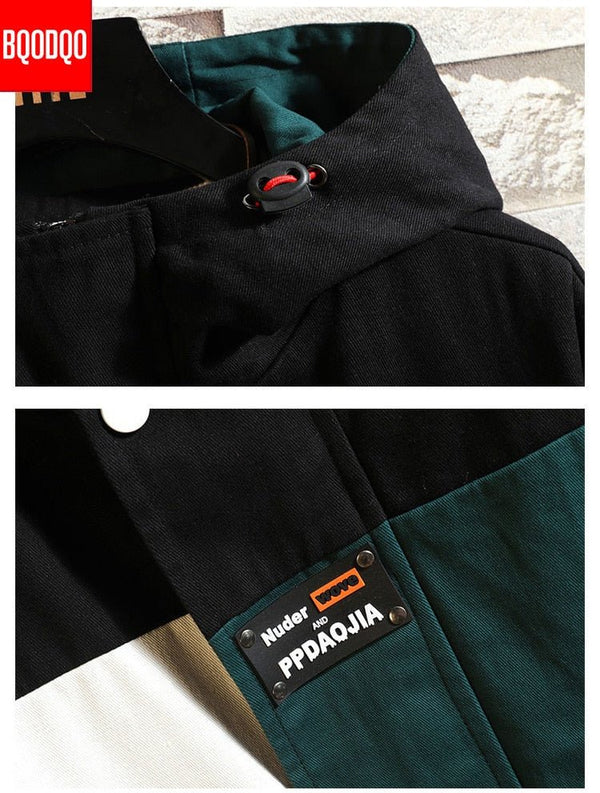 Black Patchwork Block Military Sweatshirt Jackets For Men Autumn Hip Hop Japanese Hoodies Streetwear Loose Casual Hooded Jacket - Vimost Shop