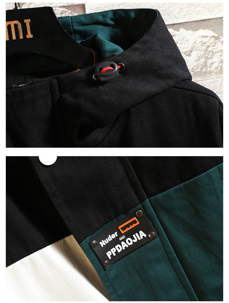 Black Patchwork Block Military Sweatshirt Jackets For Men Autumn Hip Hop Japanese Hoodies Streetwear Loose Casual Hooded Jacket - Vimost Shop