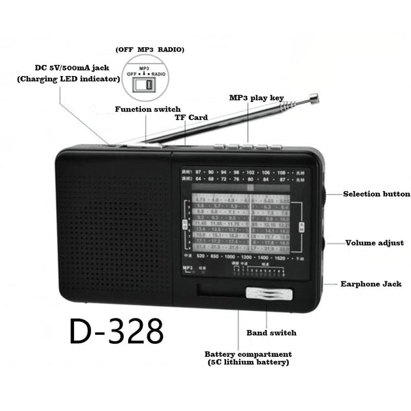 Black Portable Radio AM FM SW 12 Bands with DSP/MP3 Music Player and TF Card Slot Packed with Rechargeable Battery - Vimost Shop