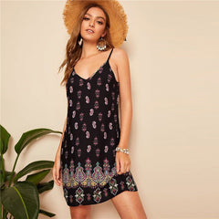 Black Sexy Tribal Print Cami Summer Dress Women Boho Beach V Neck Adjustable Spaghetti Strap Backless Mini Dress - Vimost Shop
