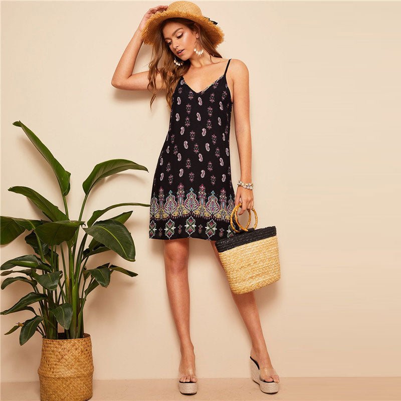 Black Sexy Tribal Print Cami Summer Dress Women Boho Beach V Neck Adjustable Spaghetti Strap Backless Mini Dress - Vimost Shop