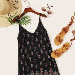 Black Sexy Tribal Print Cami Summer Dress Women Boho Beach V Neck Adjustable Spaghetti Strap Backless Mini Dress - Vimost Shop
