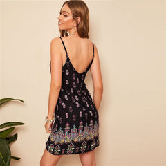 Black Sexy Tribal Print Cami Summer Dress Women Boho Beach V Neck Adjustable Spaghetti Strap Backless Mini Dress - Vimost Shop