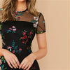 Black Sheer Mesh Yoke Flower Embroidered Dress Women Summer Elegant Fitted High Waist Floral Short Dresses - Vimost Shop
