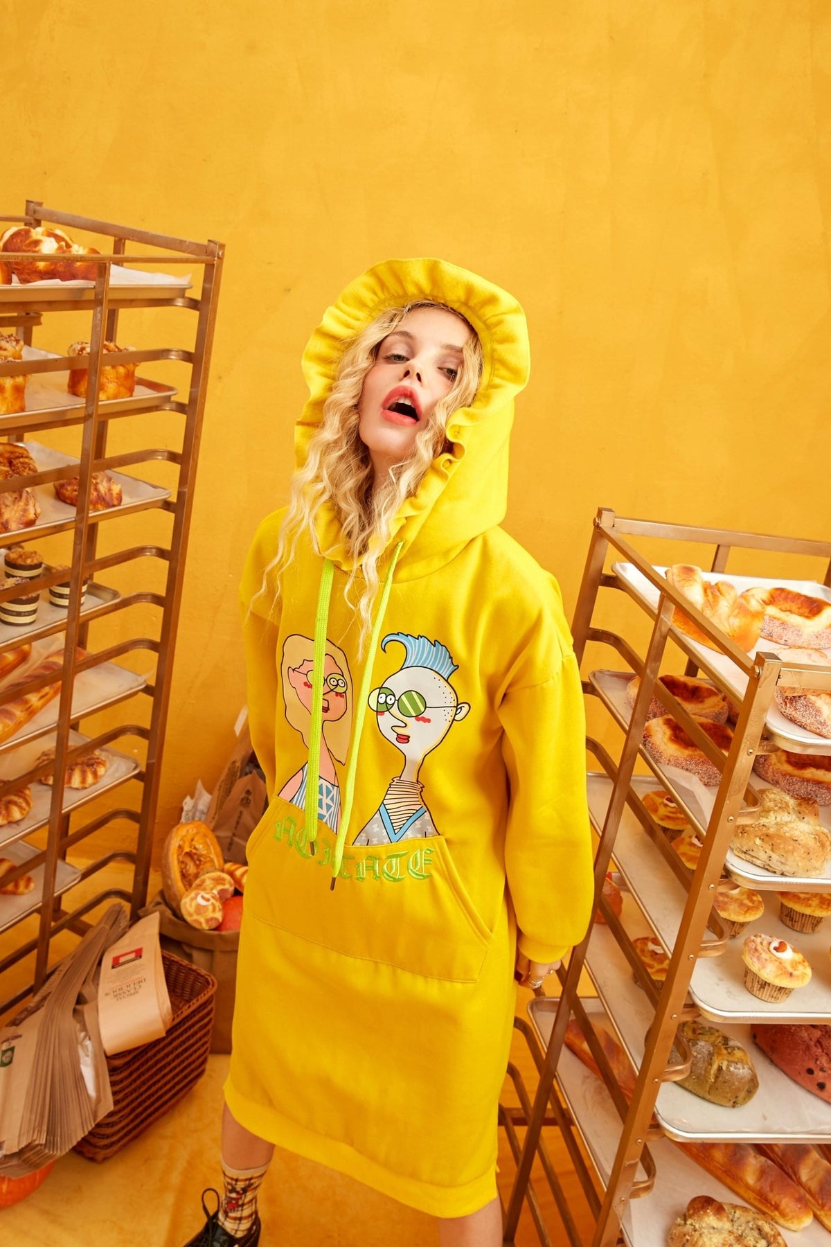 Black Solid Cartoon Print Drawstring Hoodies Dress Women Autumn ELF Yellow Ladies Dress - Vimost Shop