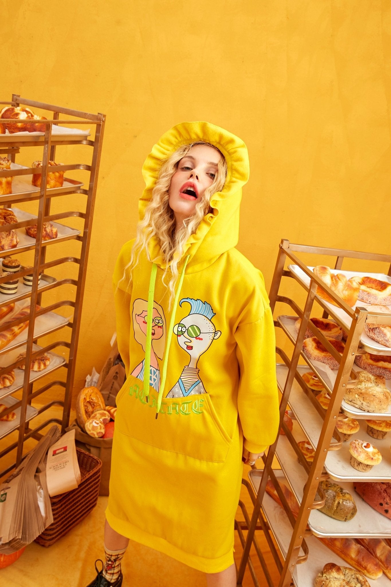 Black Solid Cartoon Print Drawstring Hoodies Dress Women Autumn ELF Yellow Ladies Dress - Vimost Shop