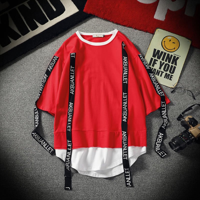 Black Solid Tag Band Letter T-shirt Tops Tees Male Fashion Casual Hip Hop Streetwear Short Sleeve Men Red Fake Two Pieces - Vimost Shop